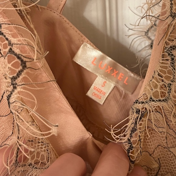 NWT Luxxel Sheer Lace Gown with Slip Formal Blush Nude Tan Belted Silhouette New - Picture 11 of 13